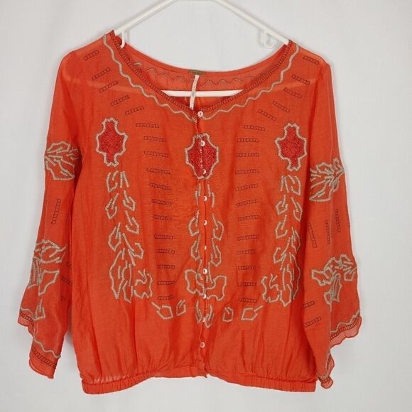 Free People Button Front Boho Blouse Embroidered S - Picture 2 of 6